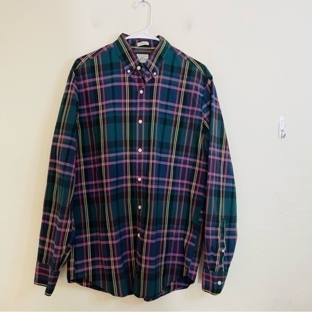 J. Crew Secret Wash Shirting Classic Stretch Plaid Button Down Shirt M Green/Red